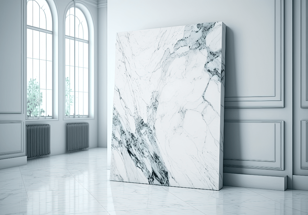 Bookmatched stone slab with dark black veining