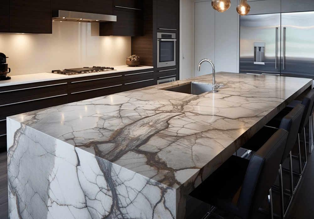 Gorgeous porcelain grey countertop with dark veining